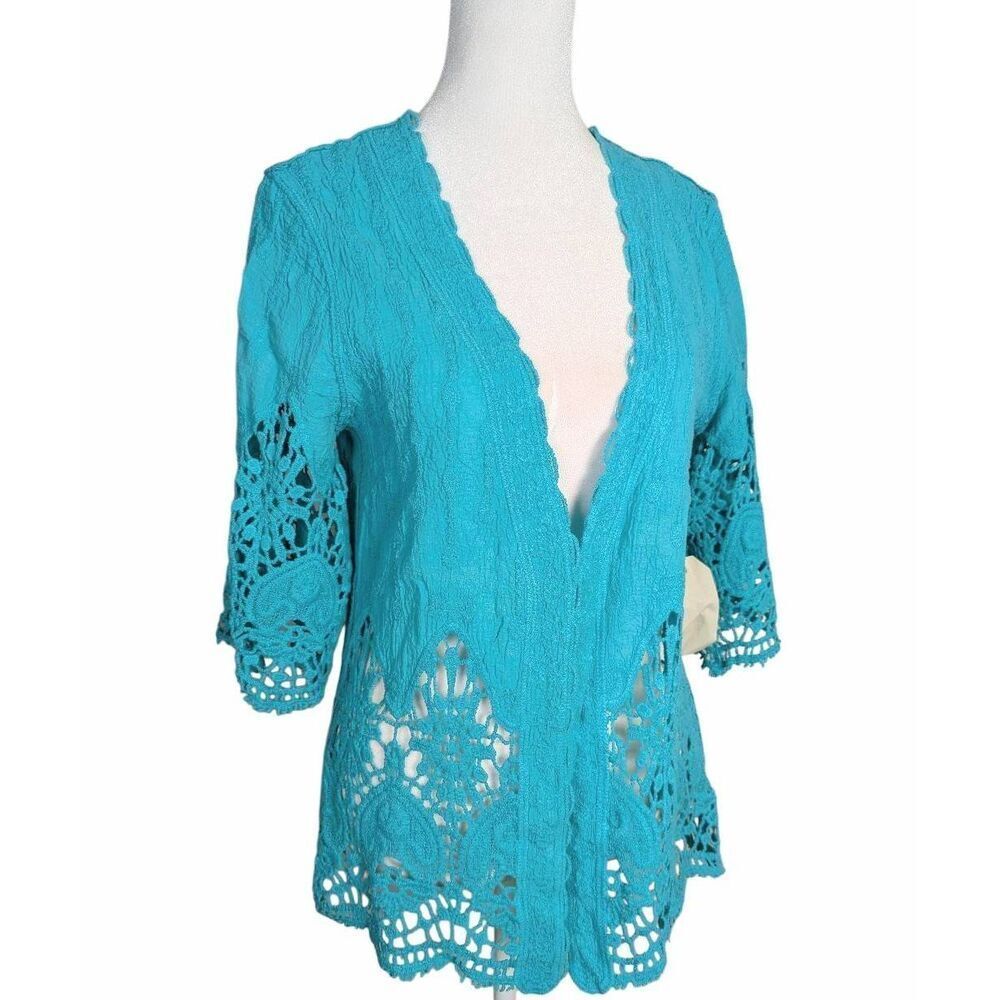 Farmers Market Teal turquoise crinkle cotton crochet open front kimono womens M